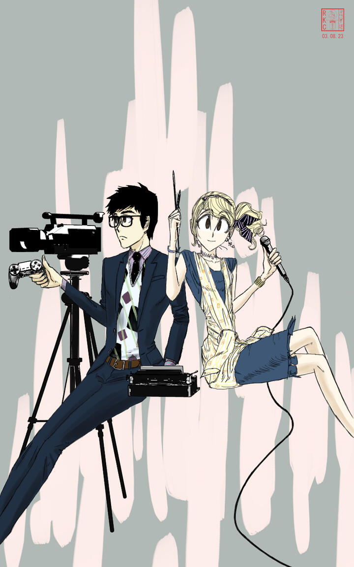 Japanese man and Caucasian American woman holding equipment for entertainment production.